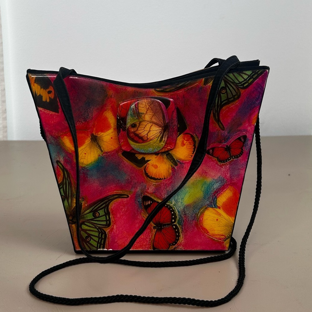Vintage Angela Frascone Pink Yellow Butterfly Print Resin Handbag Crossbody BAG